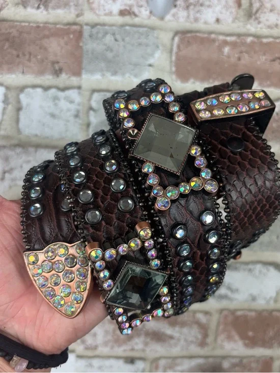 Nocona N3417002 Brown Calf Hair Leather Studded Iridescent Rhinestone Belt Large - Picture 5 of 12